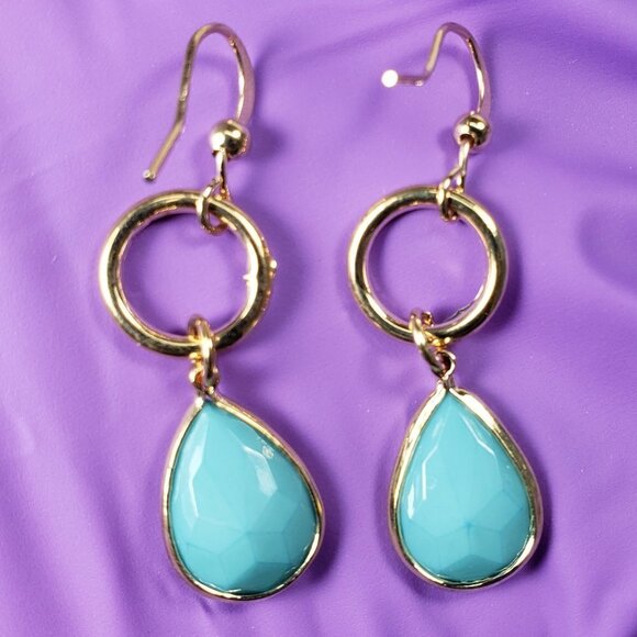 Women's Turquoise Dangle Earrings - Small Hoop Polished Gold Tone Drop Jewelry - Picture 7 of 9